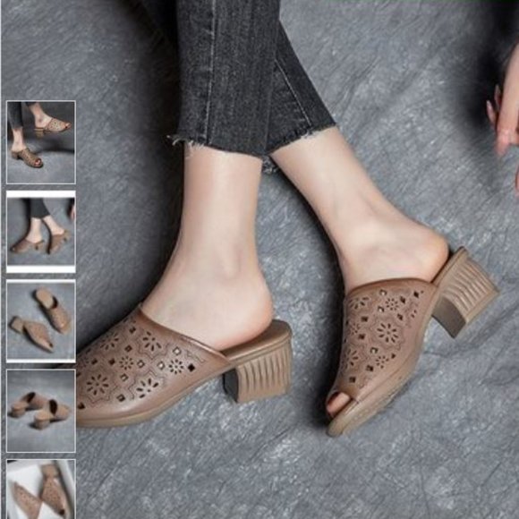 Rumour Has It | Caramel Geometric Openwork Leather Slide - Picture 5 of 5